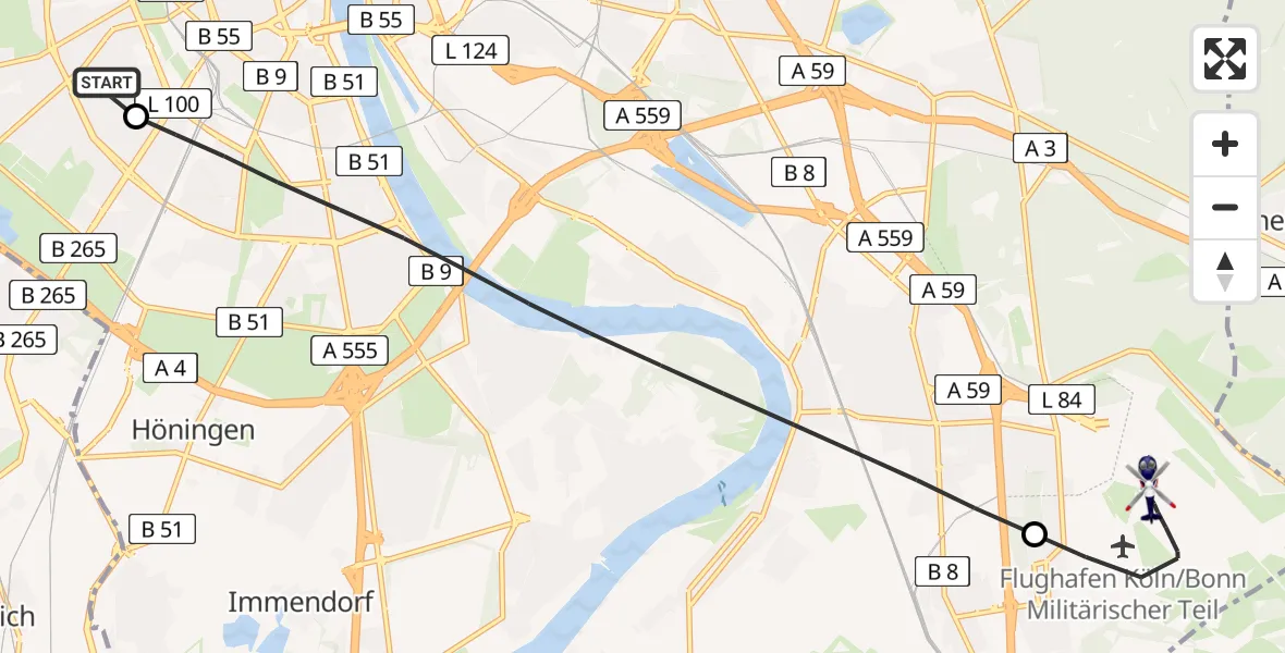 Flugroute Polizeihubschrauber Köln University Hospital - Köln Bonn Flughafen, 06 Juli 2026, 11:35