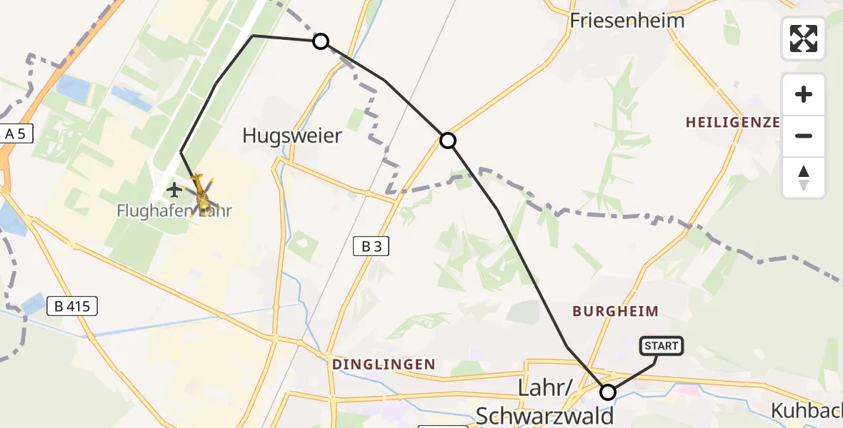 Flugroute Rettungshubschrauber Ortenau Hospital Lahr-Ettenheim - Lahr Flughafen, 06 Juli 2026, 11:38