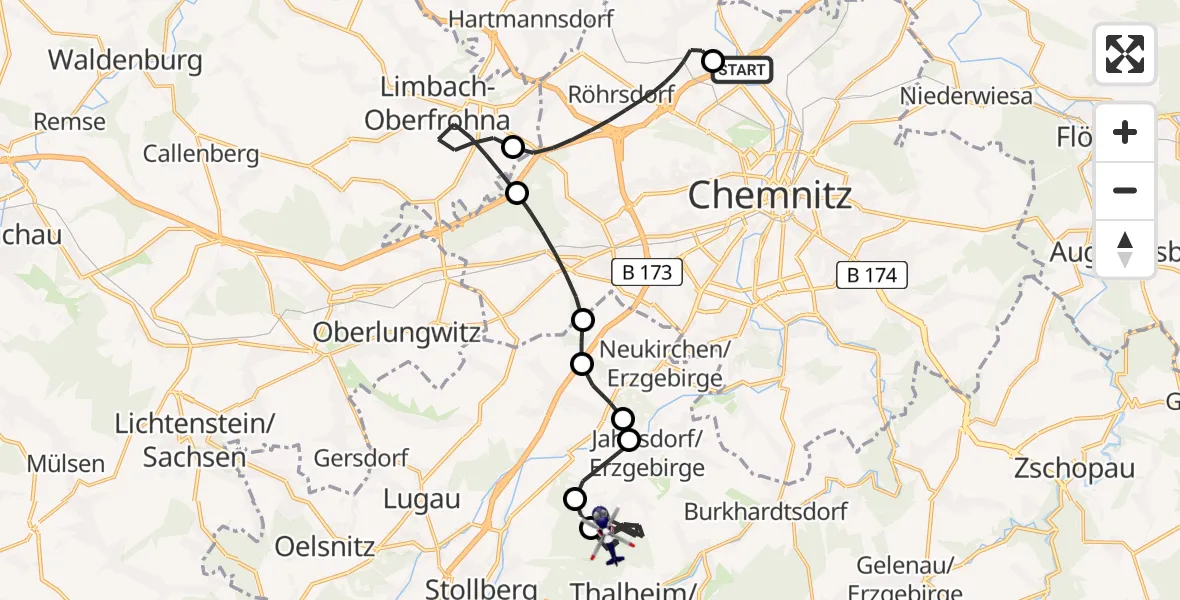 Flugroute Polizeihubschrauber Chemnitz-Glösa Industrial Park Hubschrauberlandeplatz - Jahnsdorf/Erzgeb., 06 Juli 2026, 11:39