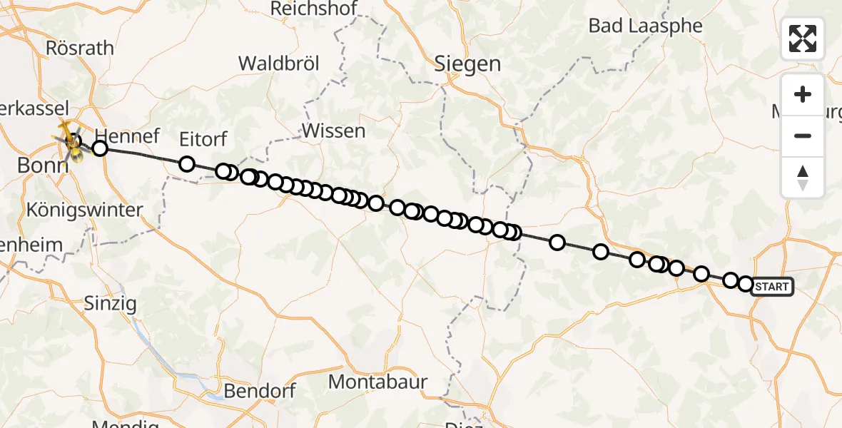 Flugroute Ambulanzhubschrauber Gießen - Bonn-Hangelar Flugplatz, 06 Juli 2026, 11:40