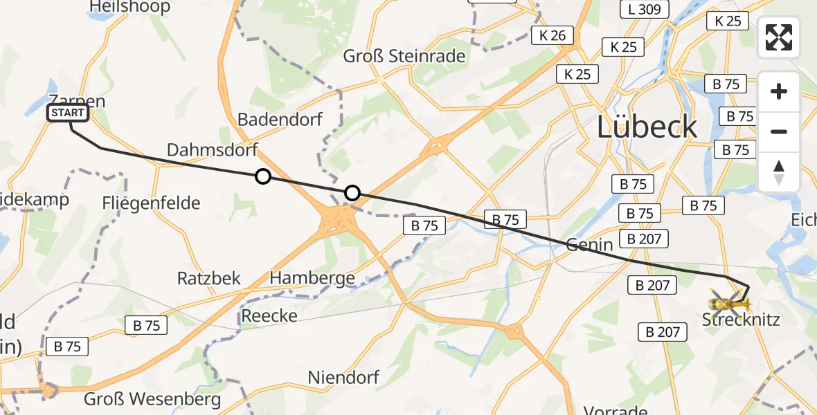 Flugroute Ambulanzhubschrauber Zarpen - Lübeck, 06 Juli 2026, 11:40