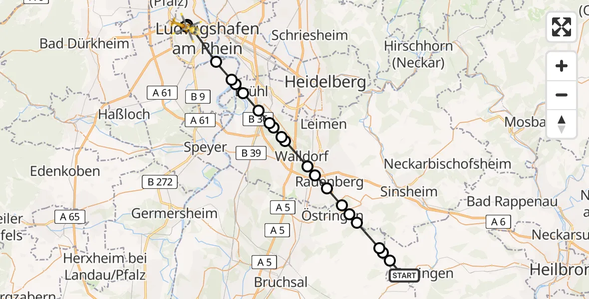 Flugroute Ambulanzhubschrauber Eppingen - Ludwigshafen Accident Hospital, 06 Juli 2026, 11:41