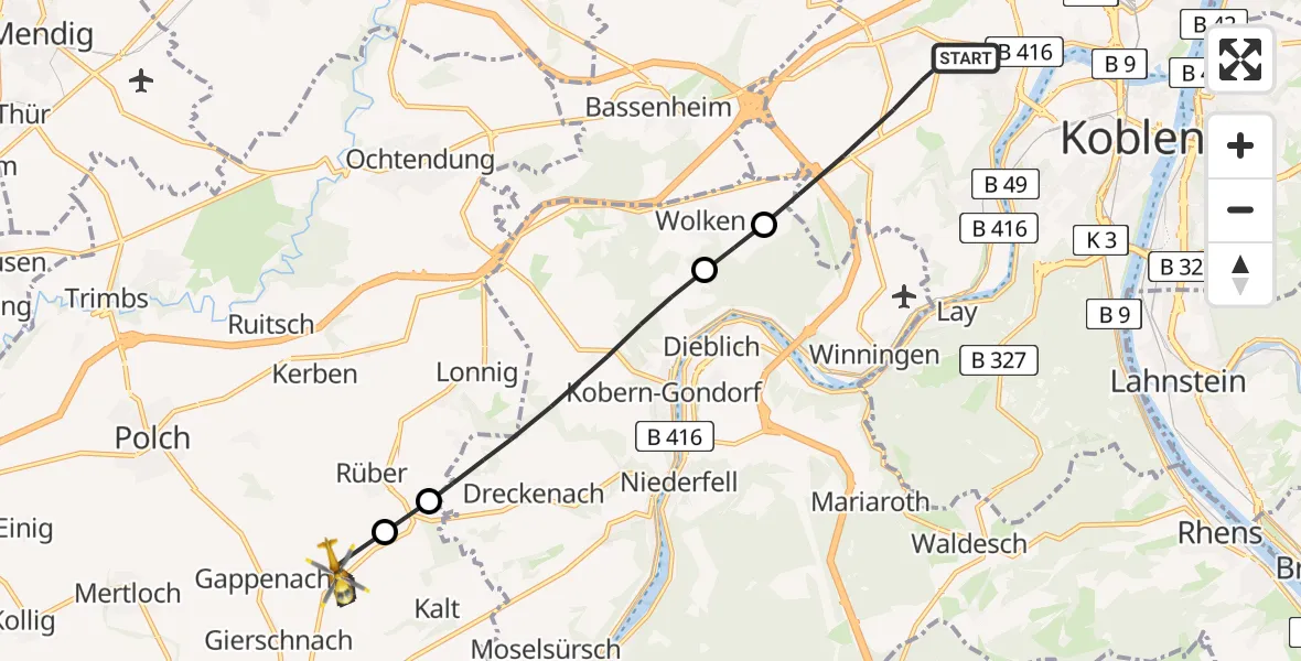 Flugroute Rettungshubschrauber Koblenz - Münstermaifeld, 06 Juli 2026, 11:42