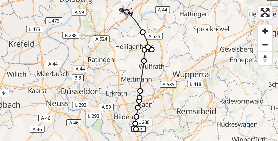 Flugroute Polizeihubschrauber Langenfeld-Wiescheid Flugplatz - Essen-Mülheim Flughafen, 06 Juli 2026, 11:45