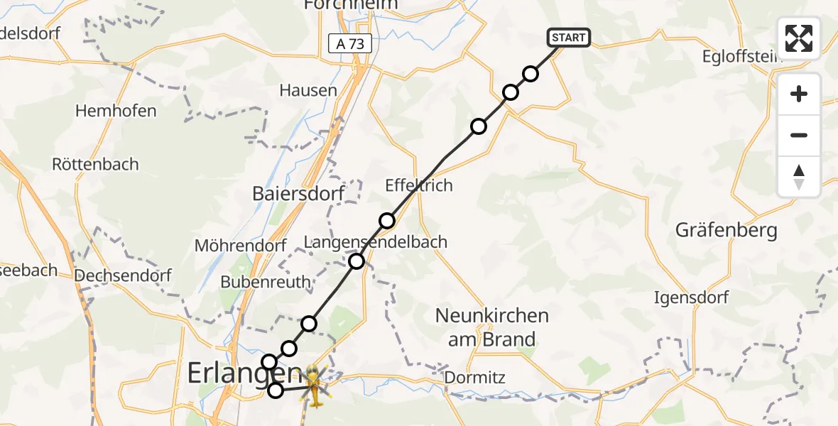 Flugroute Rettungshubschrauber Leutenbach - Erlangen, 06 Juli 2026, 11:46