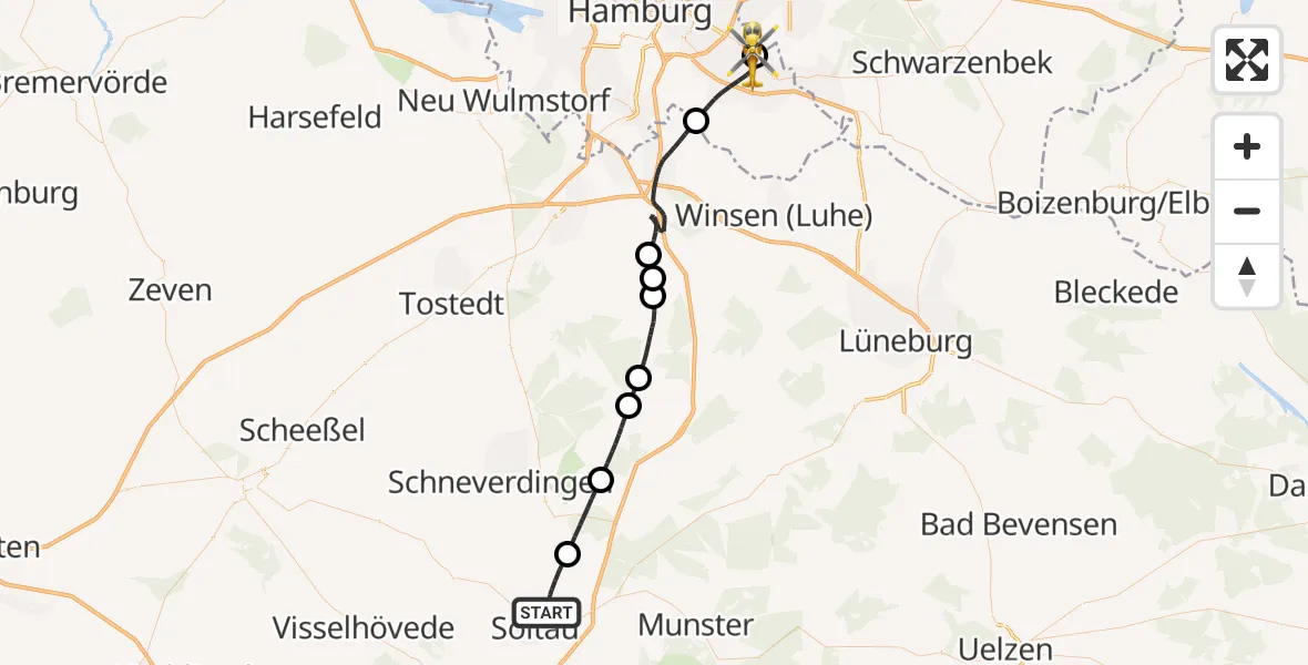 Flugroute Rettungshubschrauber Soltau - Christoph Hansa ADAC Hubschrauberlandeplatz, 06 Juli 2026, 11:46