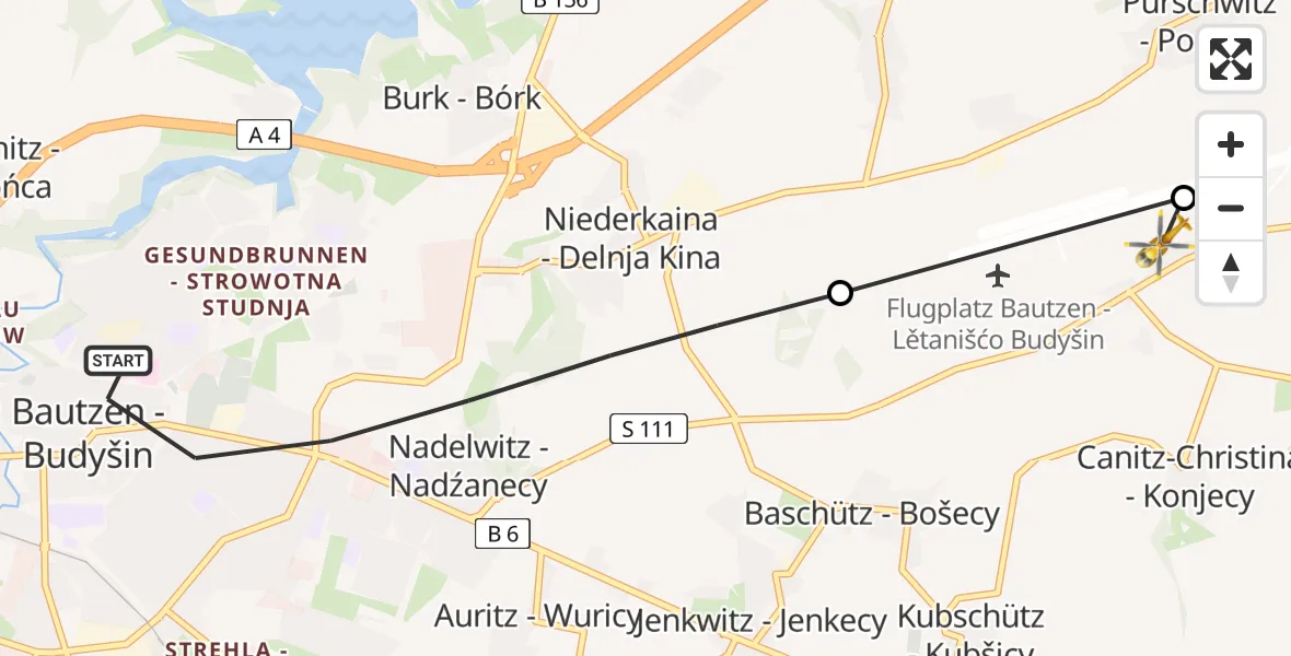 Flugroute Rettungshubschrauber Bautzen - Bautzen Flugplatz, 06 Juli 2026, 11:50