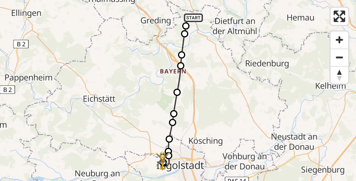 Flugroute Rettungshubschrauber Beilngries - Ingolstadt Hospital, 06 Juli 2026, 11:50