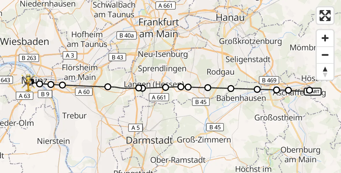 Flugroute Rettungshubschrauber Aschaffenburg Hospital - Mainz University Hospital, 06 Juli 2026, 11:55