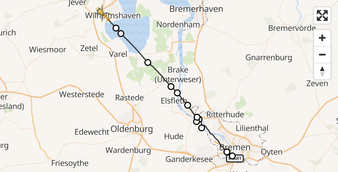 Flugroute Rettungshubschrauber Bremen - Wilhelmshaven, 06 Juli 2026, 12:02