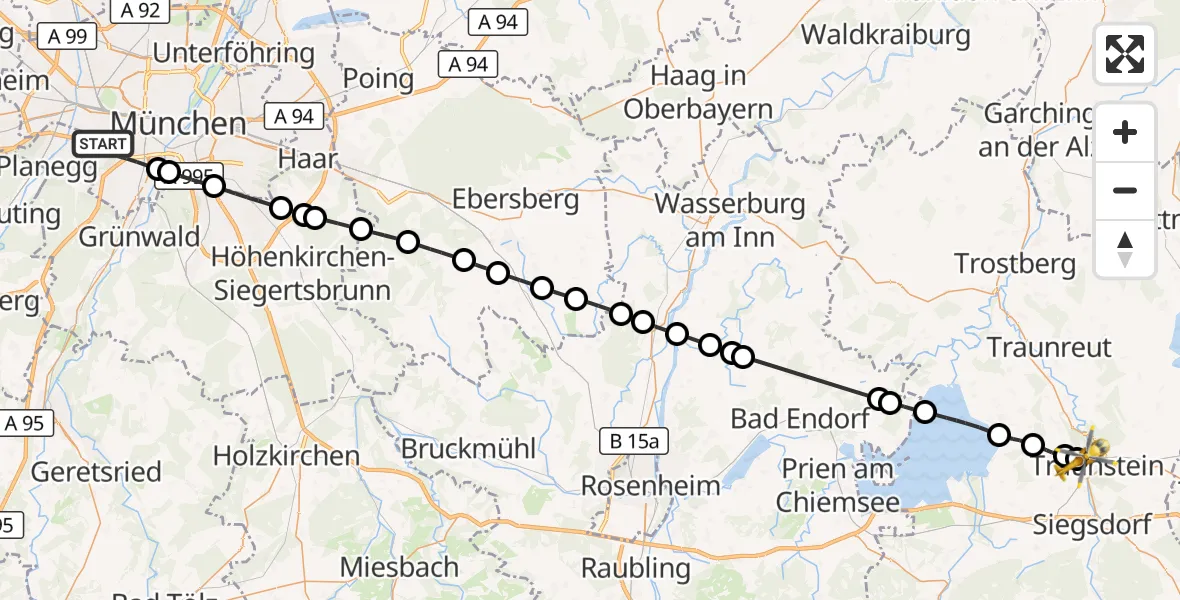Flugroute Rettungshubschrauber München - Traunstein Hospital, 06 Juli 2026, 12:08