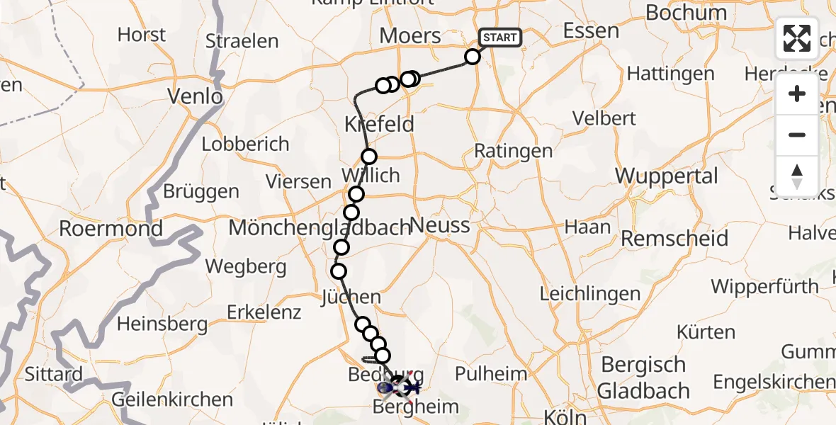 Flugroute Polizeihubschrauber Mülheim an der Ruhr - Bergheim Flugplatz, 06 Juli 2026, 12:16