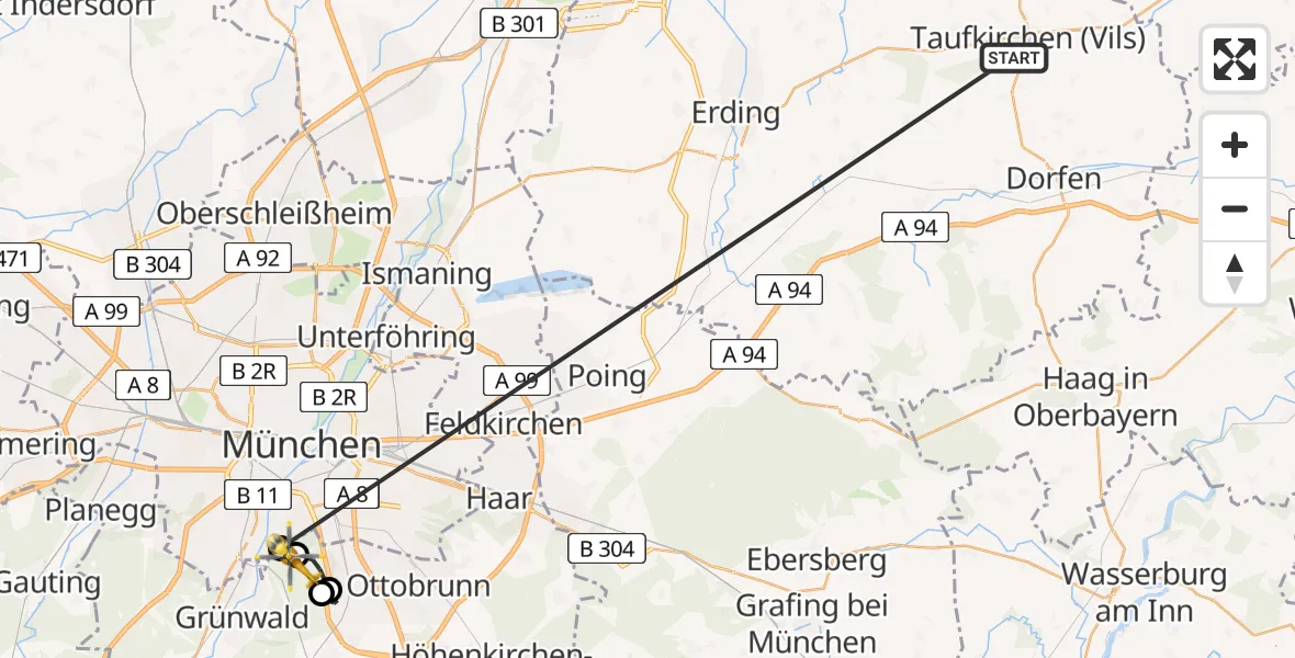 Flugroute Rettungshubschrauber Taufkirchen (Vils) - Perlacher Forst, 06 Juli 2026, 12:17