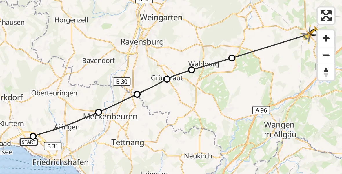 Flugroute Rettungshubschrauber Friedrichshafen Hospital - Kißlegg, 06 Juli 2026, 12:17