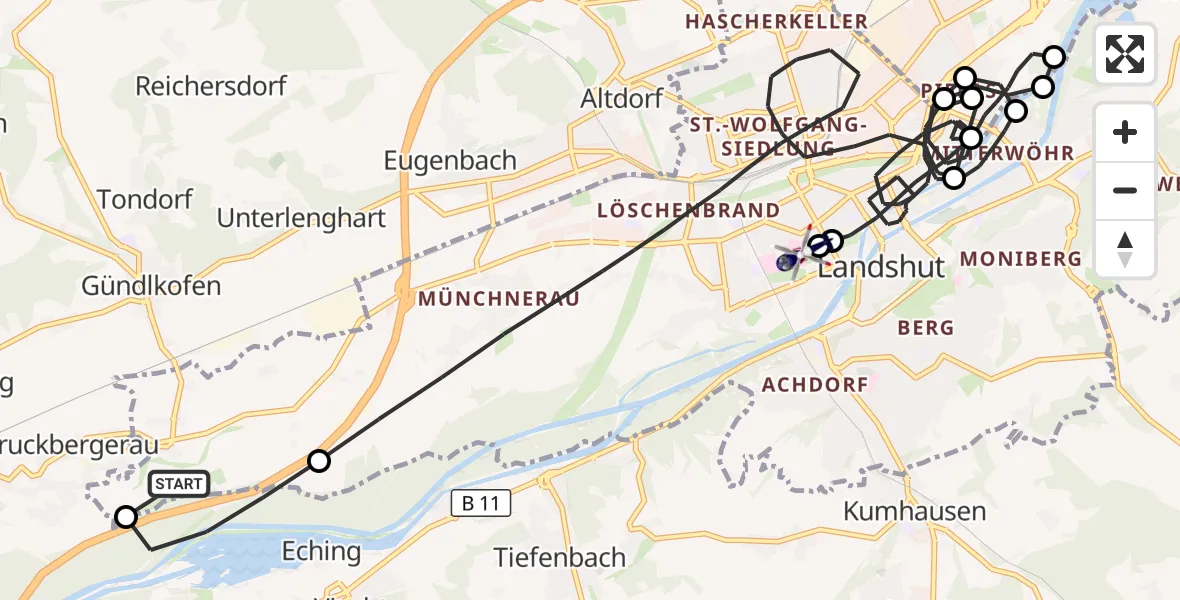 Flugroute Polizeihubschrauber Landshut Flugplatz - Landshut Hospital, 06 Juli 2026, 12:17