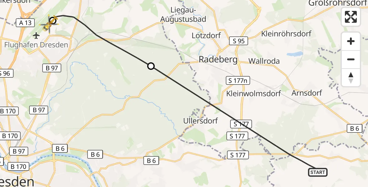 Flugroute Rettungshubschrauber Dürrröhrsdorf-Dittersbach - Dresden Bundespolizei Hubschrauberlandeplatz, 06 Juli 2026, 12:23