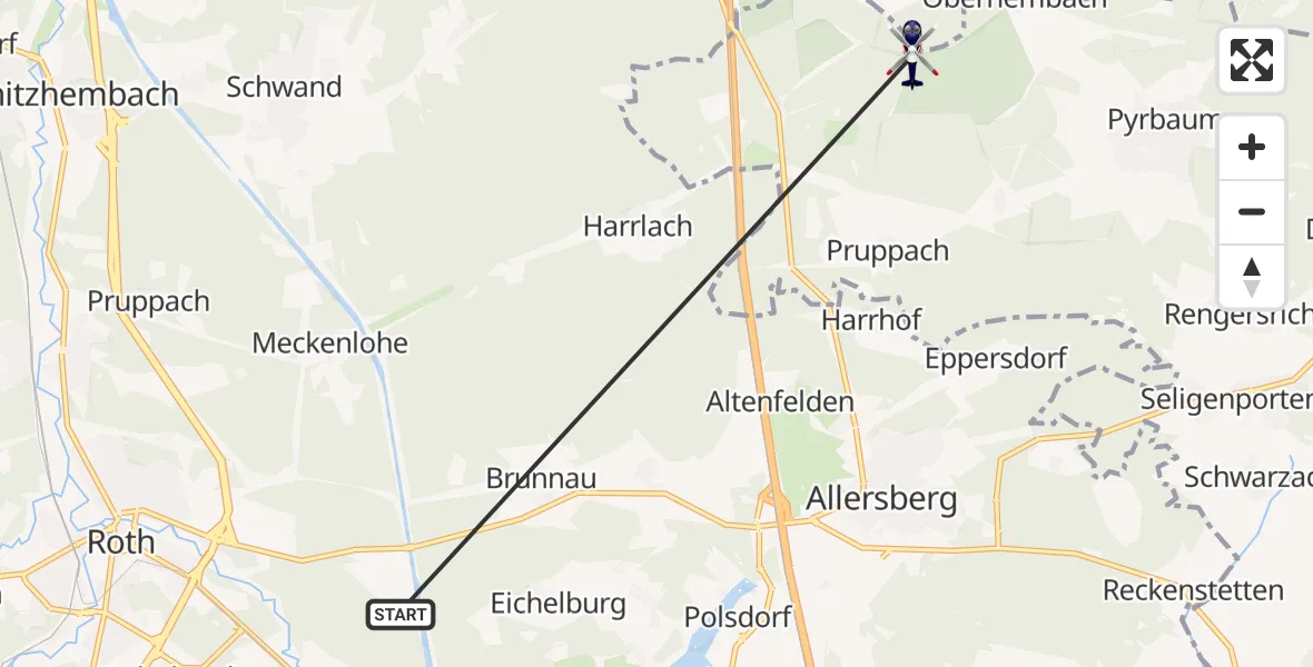 Flugroute Polizeihubschrauber Roth - Pyrbaum, 06 Juli 2026, 12:23