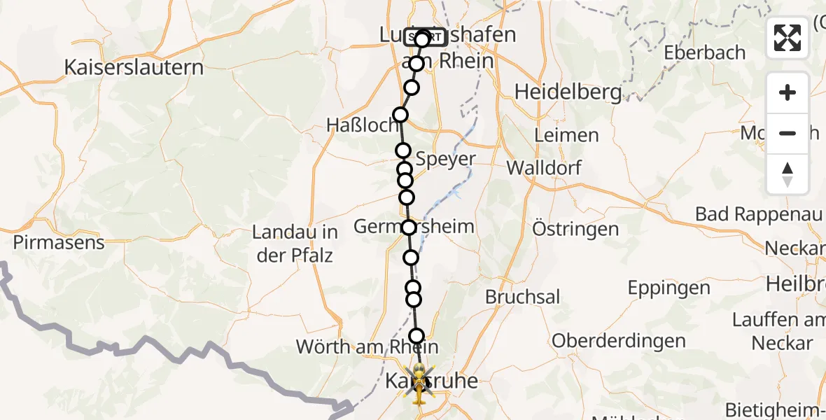 Flugroute Ambulanzhubschrauber Ludwigshafen Accident Hospital - Sankt Vincentius Hospital, 06 Juli 2026, 12:27