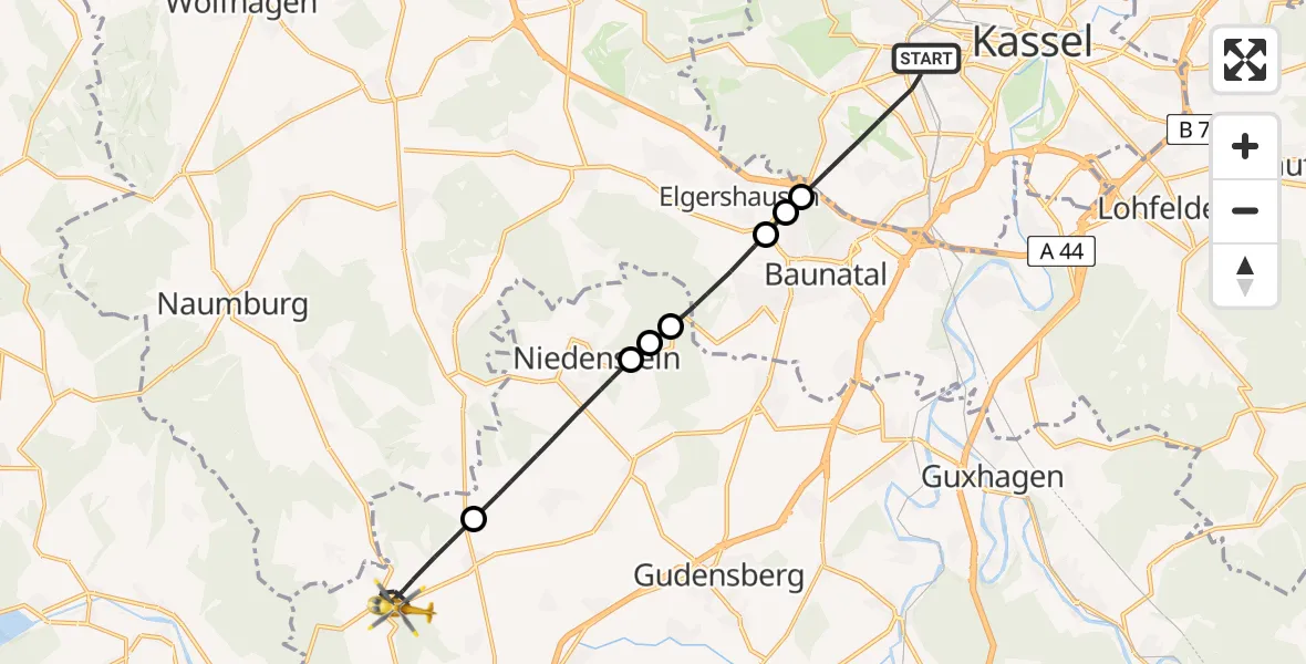 Flugroute Rettungshubschrauber Kassel - Fritzlar, 06 Juli 2026, 12:27