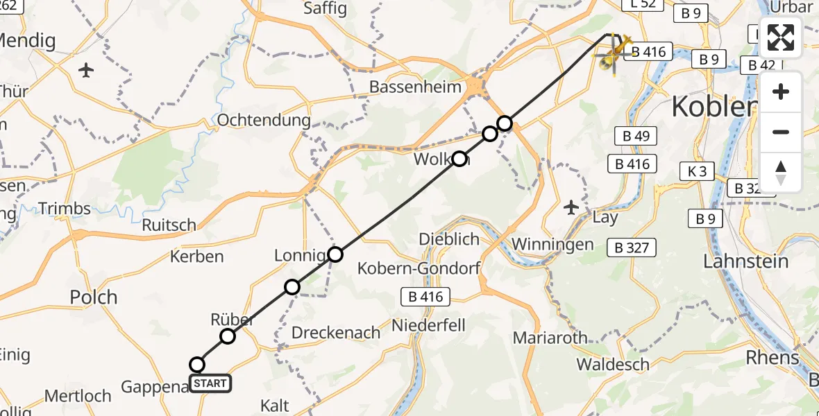 Flugroute Rettungshubschrauber Münstermaifeld - Koblenz, 06 Juli 2026, 12:27