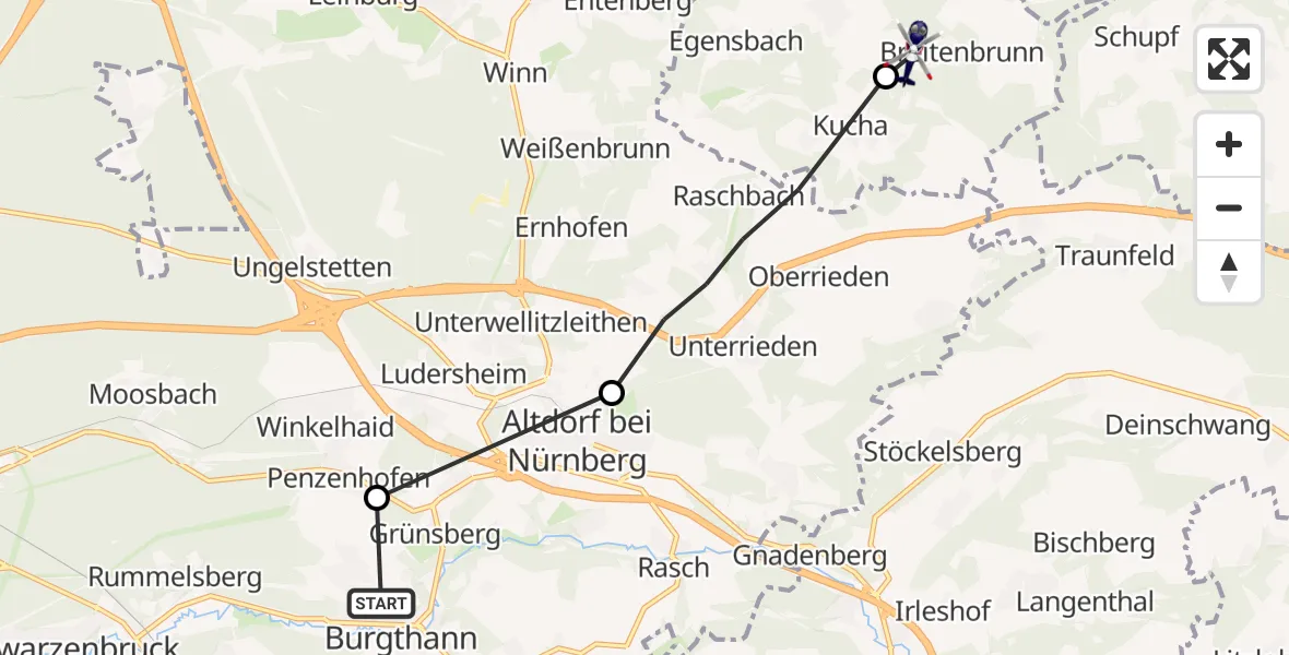 Flugroute Polizeihubschrauber Burgthann - Offenhausen, 06 Juli 2026, 12:28