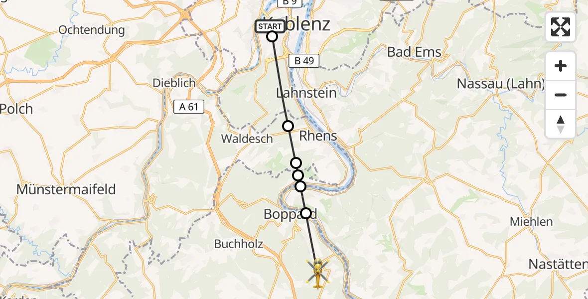 Flugroute Rettungshubschrauber Kemperhof Koblenz Klinikum Hubschrauberlandeplatz - Boppard, 06 Juli 2026, 12:28