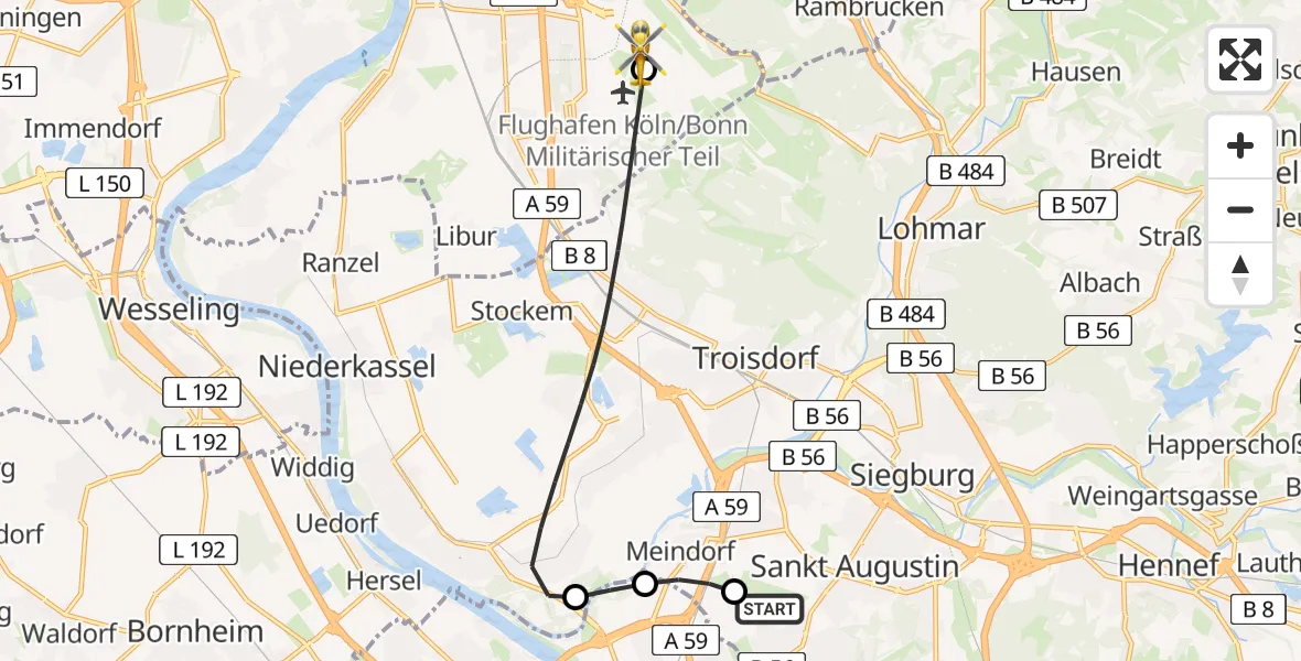 Flugroute Ambulanzhubschrauber Bonn-Hangelar Flugplatz - Köln Bonn Flughafen, 06 Juli 2026, 12:31