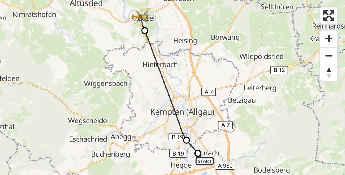 Flugroute Rettungshubschrauber Kempten-Durach Flugplatz - Altusried, 06 Juli 2026, 12:35