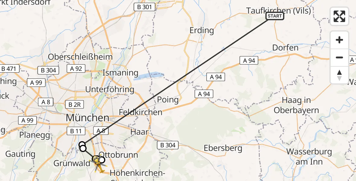 Flugroute Rettungshubschrauber Taufkirchen (Vils) - Taufkirchen, 06 Juli 2026, 12:36