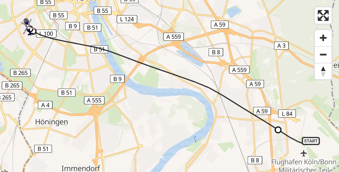 Flugroute Polizeihubschrauber Köln Bonn Flughafen - Köln University Hospital, 06 Juli 2026, 12:39