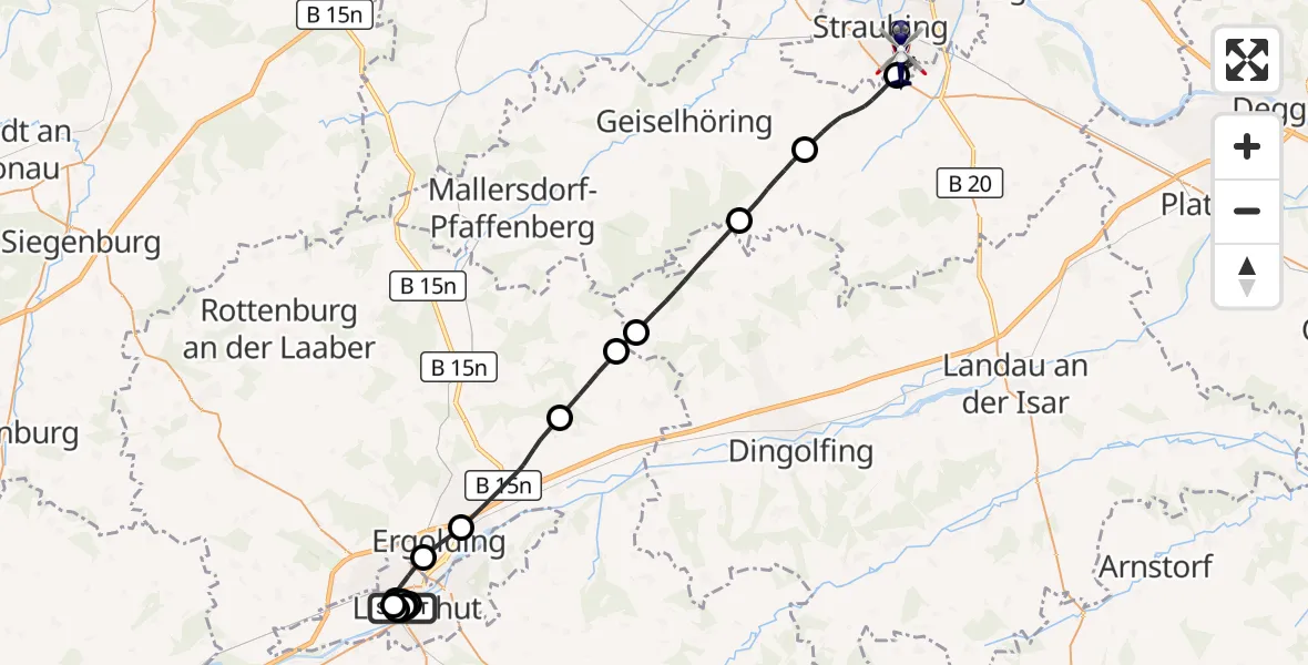Flugroute Polizeihubschrauber Landshut Hospital - Straubing, 06 Juli 2026, 12:43