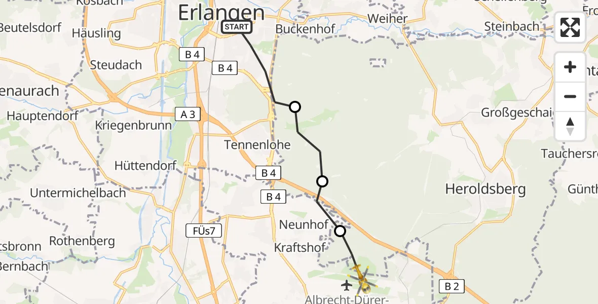 Flugroute Rettungshubschrauber Erlangen - Flughafen Nuremberg, 06 Juli 2026, 12:45