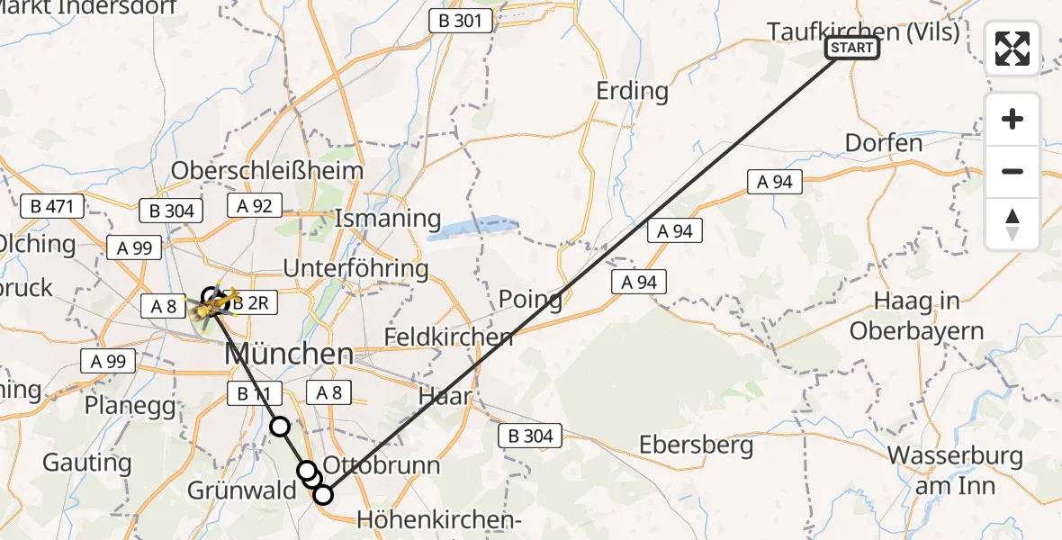 Flugroute Rettungshubschrauber Taufkirchen (Vils) - Dritter Orden University Hospital, 06 Juli 2026, 12:49
