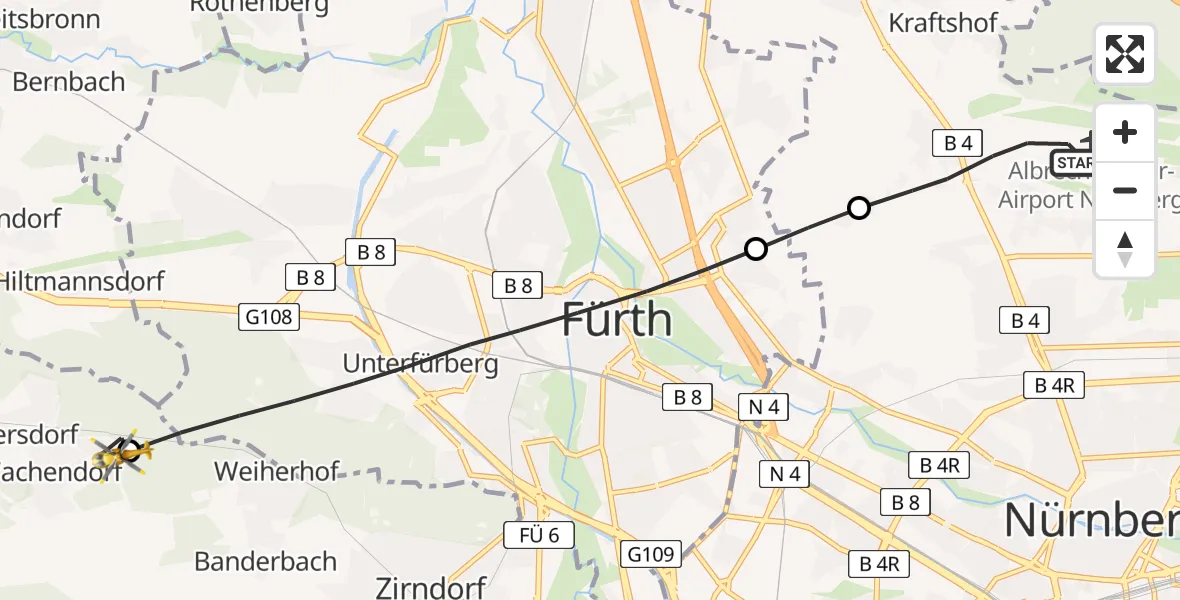Flugroute Ambulanzhubschrauber Flughafen Nuremberg - Cadolzburg, 06 Juli 2026, 12:50