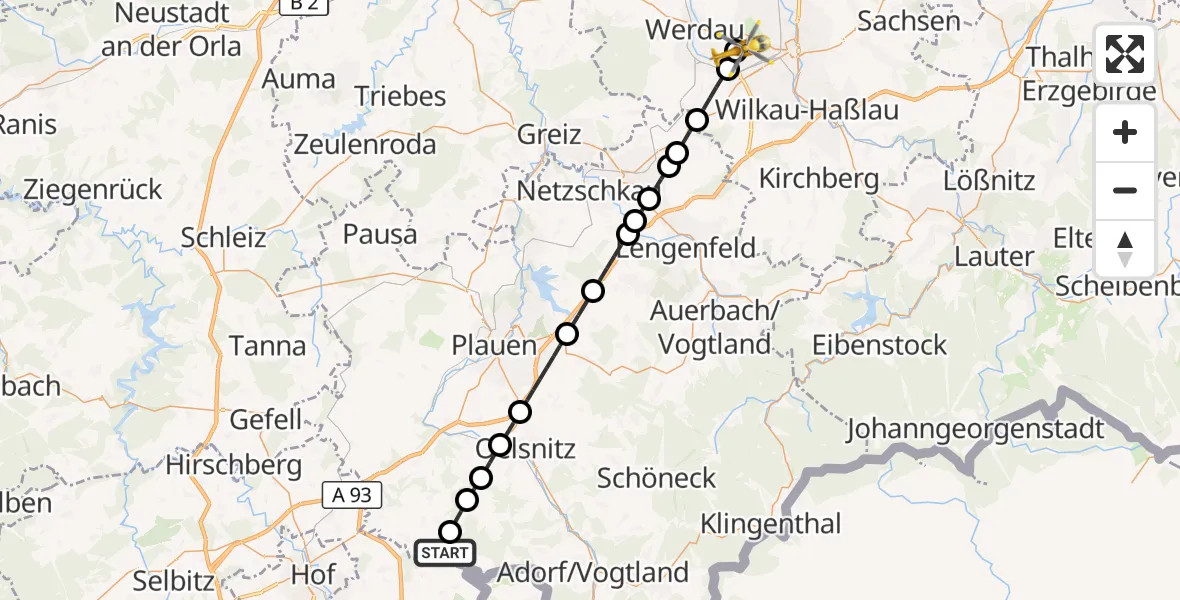 Flugroute Rettungshubschrauber Triebel/Vogtl. - ADAC Air Rescue Station Zwickau Hubschrauberlandeplatz, 06 Juli 2026, 12:54