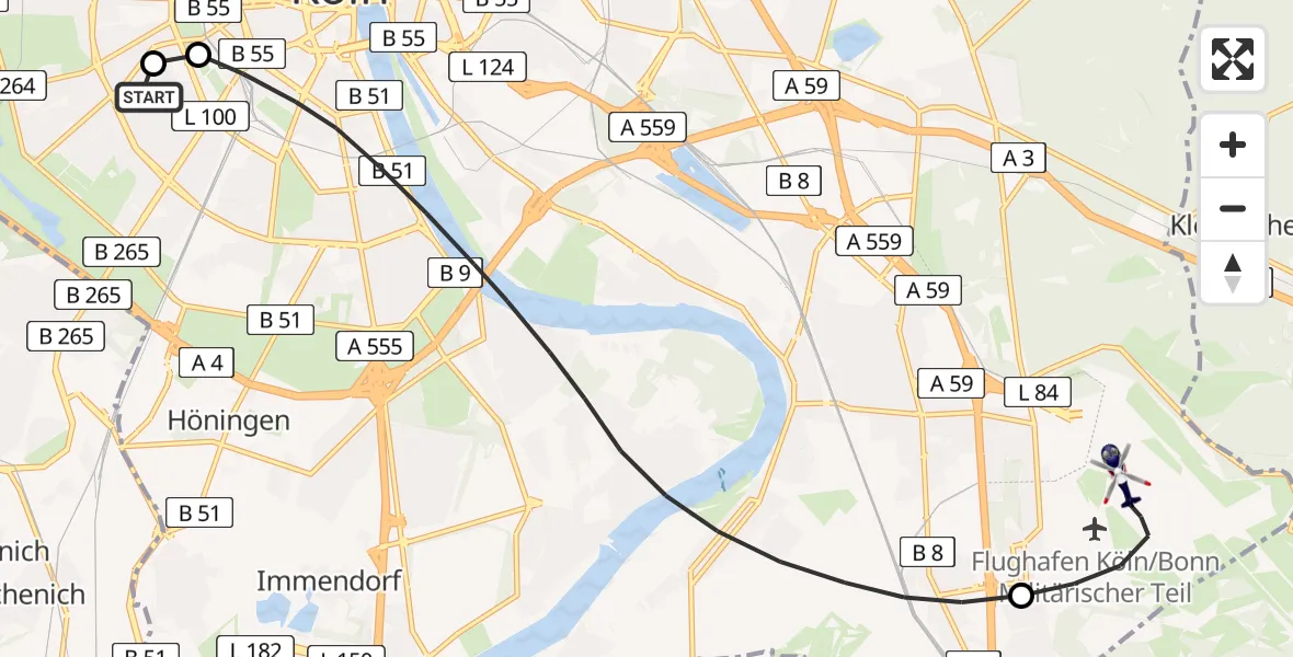 Flugroute Polizeihubschrauber Köln University Hospital - Köln Bonn Flughafen, 06 Juli 2026, 12:55