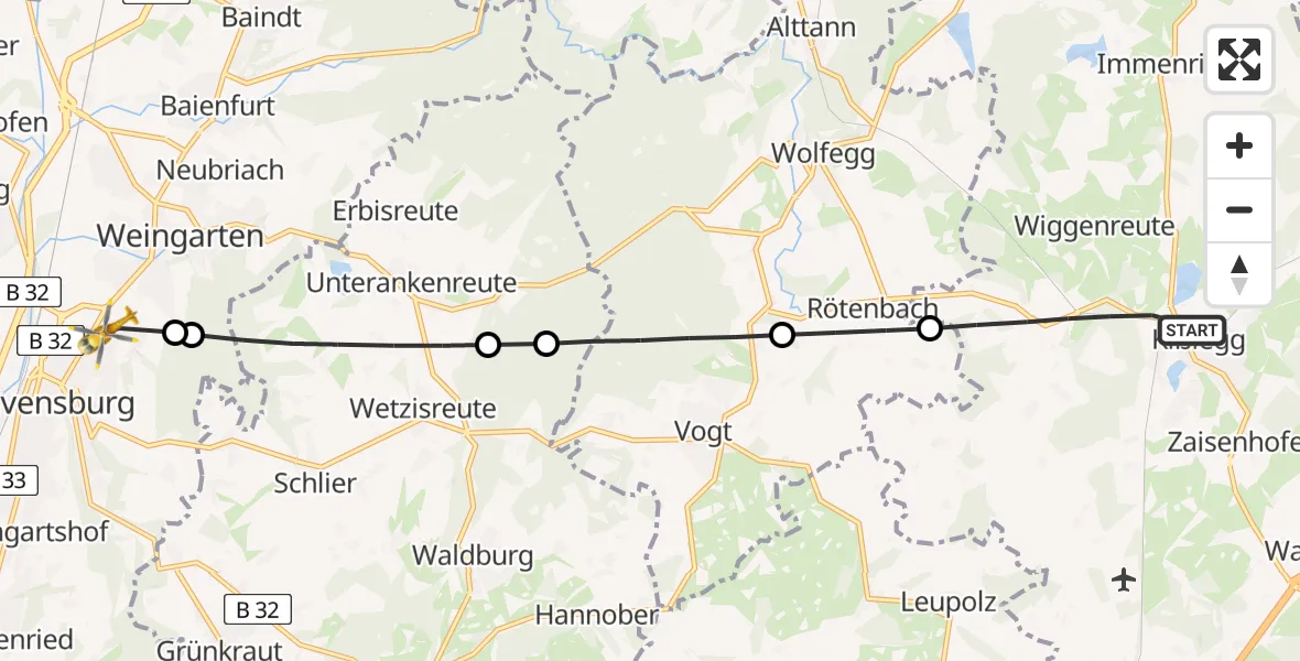 Flugroute Rettungshubschrauber Kißlegg - Ravensburg, 06 Juli 2026, 12:57