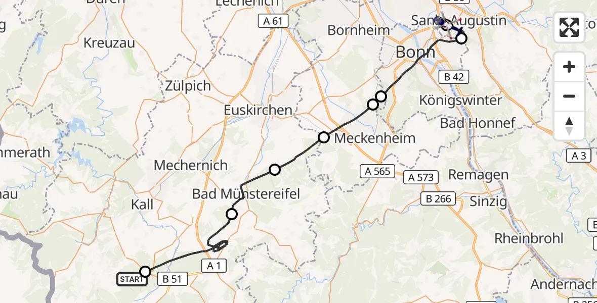 Flugroute Polizeihubschrauber Hellenthal - Bonn-Hangelar Flugplatz, 06 Juli 2026, 12:58