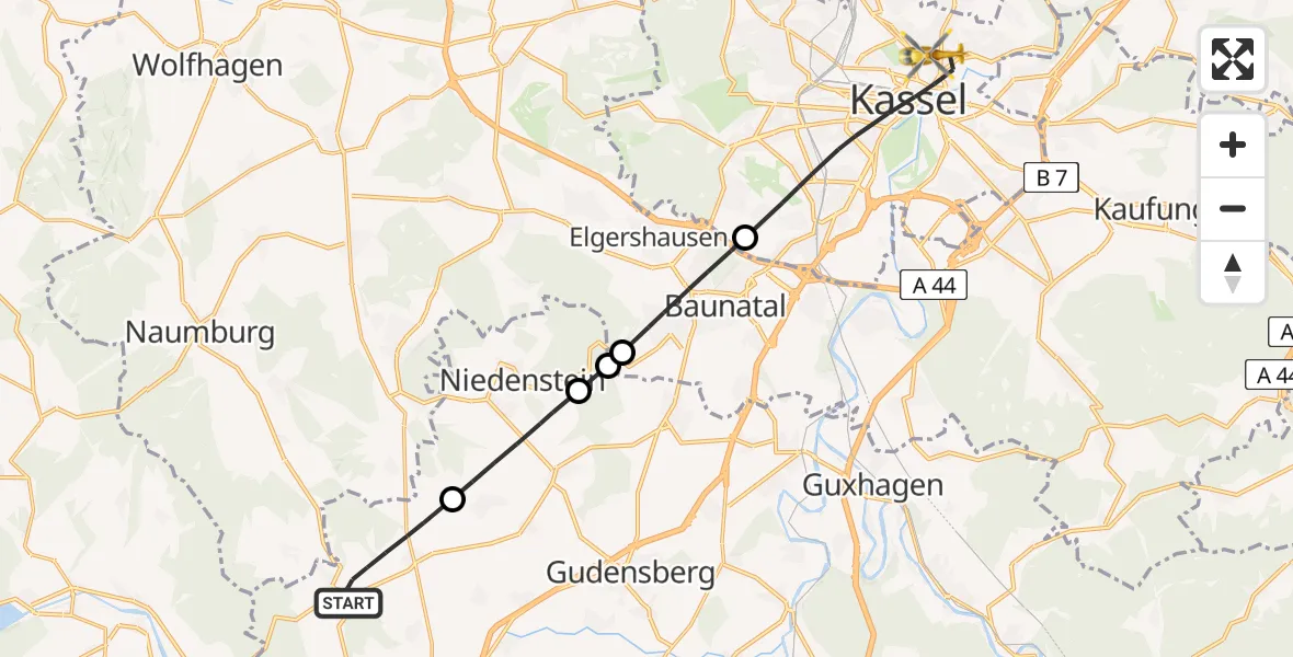Flugroute Rettungshubschrauber Fritzlar - Kassel, 06 Juli 2026, 12:58