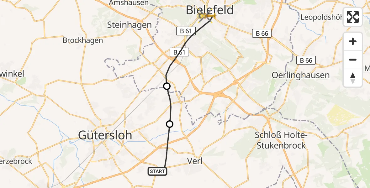 Flugroute Rettungshubschrauber Verl - Bielefeld, 06 Juli 2026, 13:03
