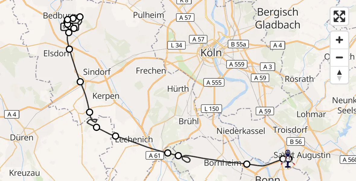 Flugroute Polizeihubschrauber Bergheim Flugplatz - Sankt Augustin, 06 Juli 2026, 13:04