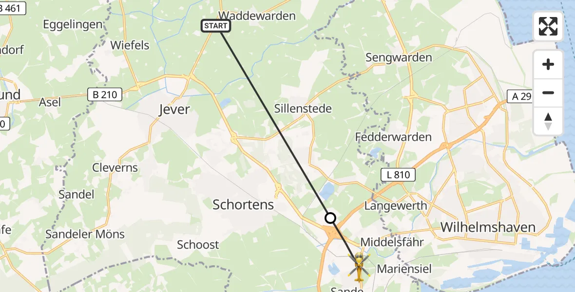 Flugroute Rettungshubschrauber Wangerland - Sande, 06 Juli 2026, 13:06