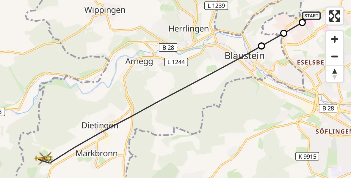 Flugroute Rettungshubschrauber Ulm Military Hospital Emergency - Blaustein, 06 Juli 2026, 13:08