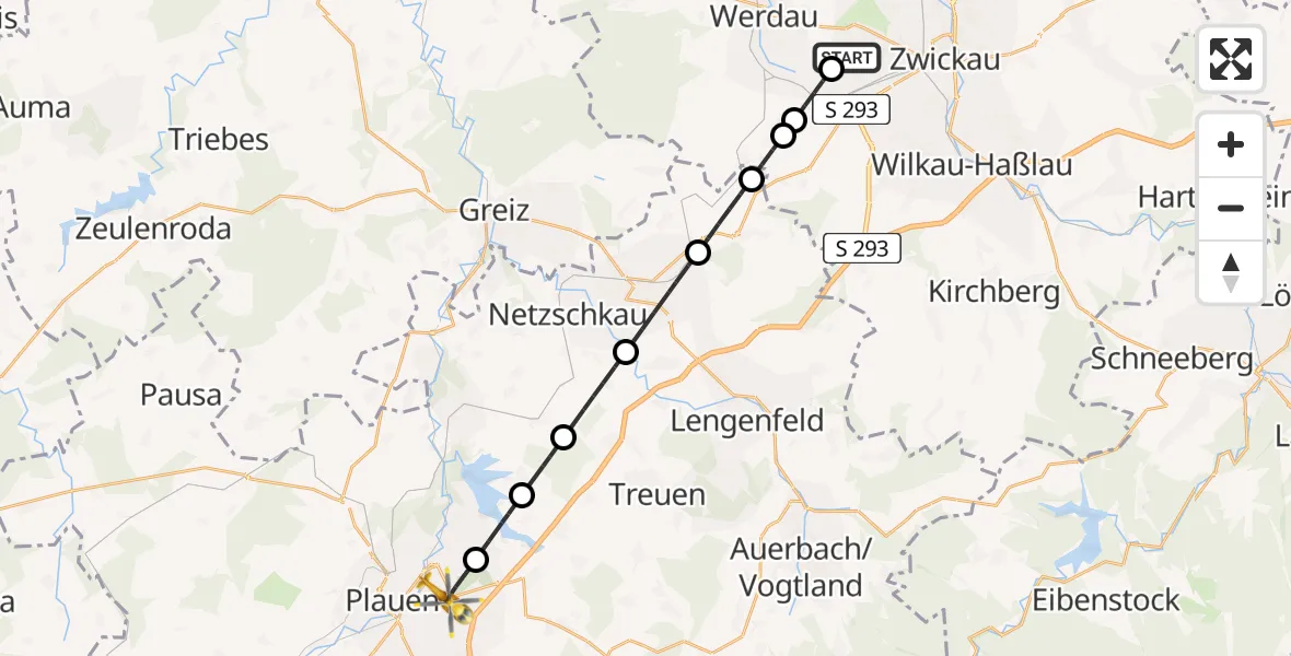 Flugroute Rettungshubschrauber ADAC Air Rescue Station Zwickau Hubschrauberlandeplatz - Plauen, 06 Juli 2026, 13:17