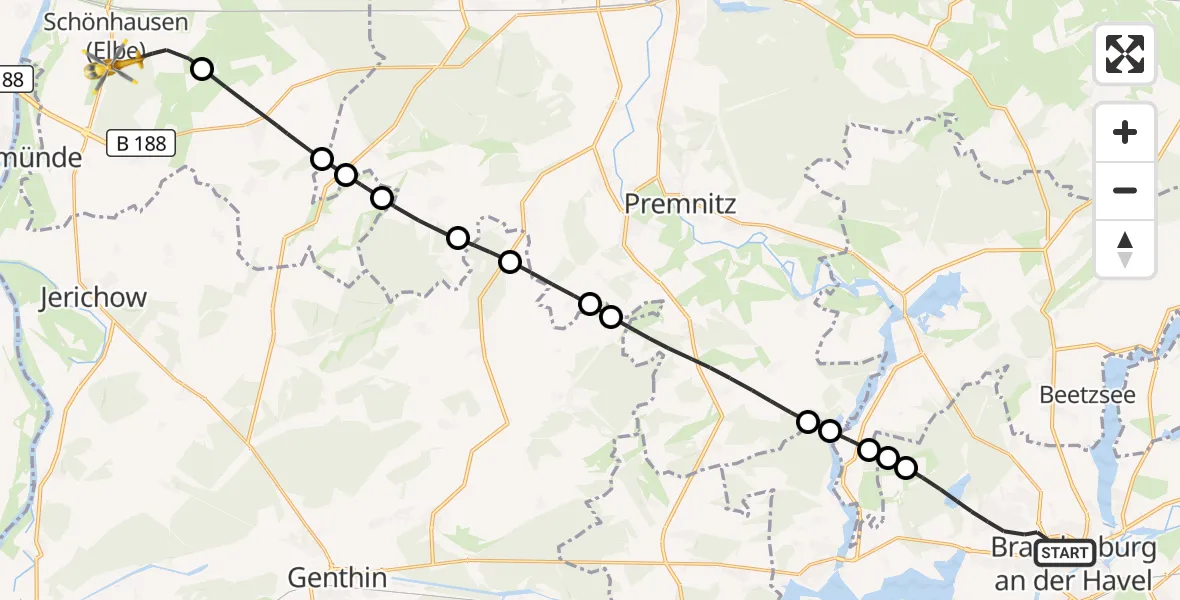 Flugroute Rettungshubschrauber Brandenburg an der Havel - Schönhausen (Elbe), 06 Juli 2026, 13:23
