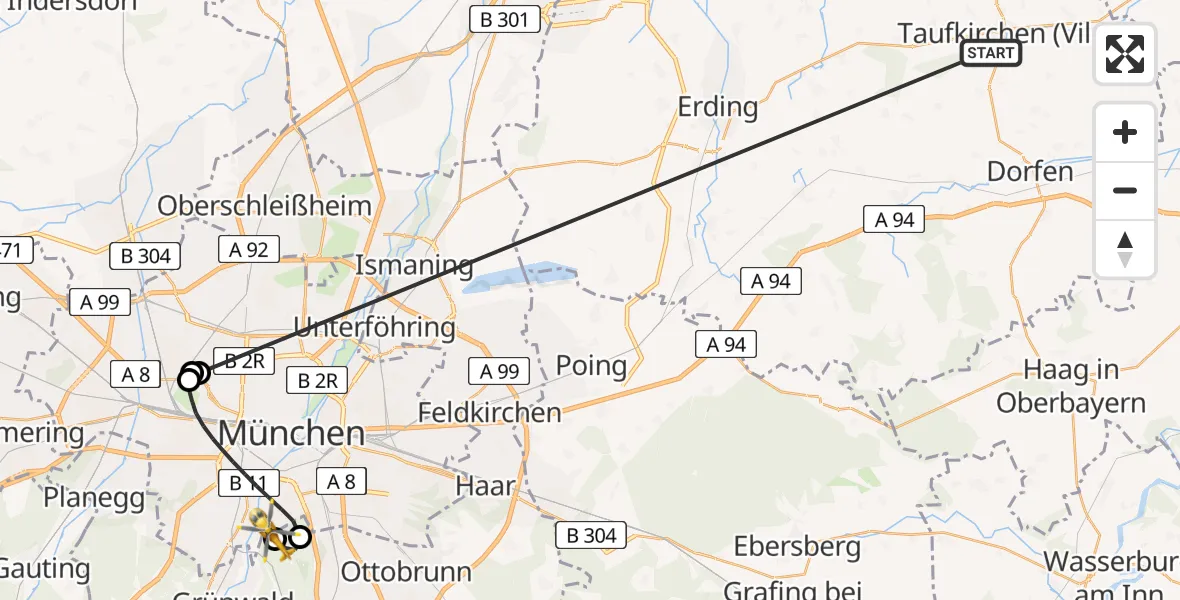 Flugroute Rettungshubschrauber Taufkirchen (Vils) - ADAC Air Rescue Center Hubschrauberlandeplatz (Christoph 1), 06 Juli 2026, 13:26