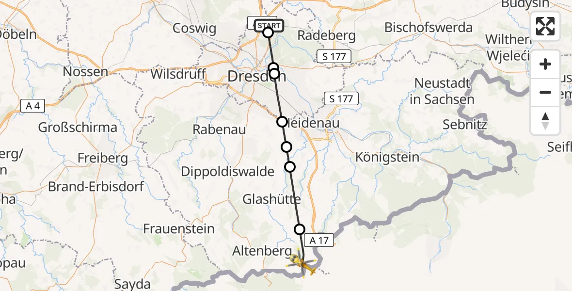 Flugroute Rettungshubschrauber Dresden Flughafen - Altenberg, 06 Juli 2026, 13:30