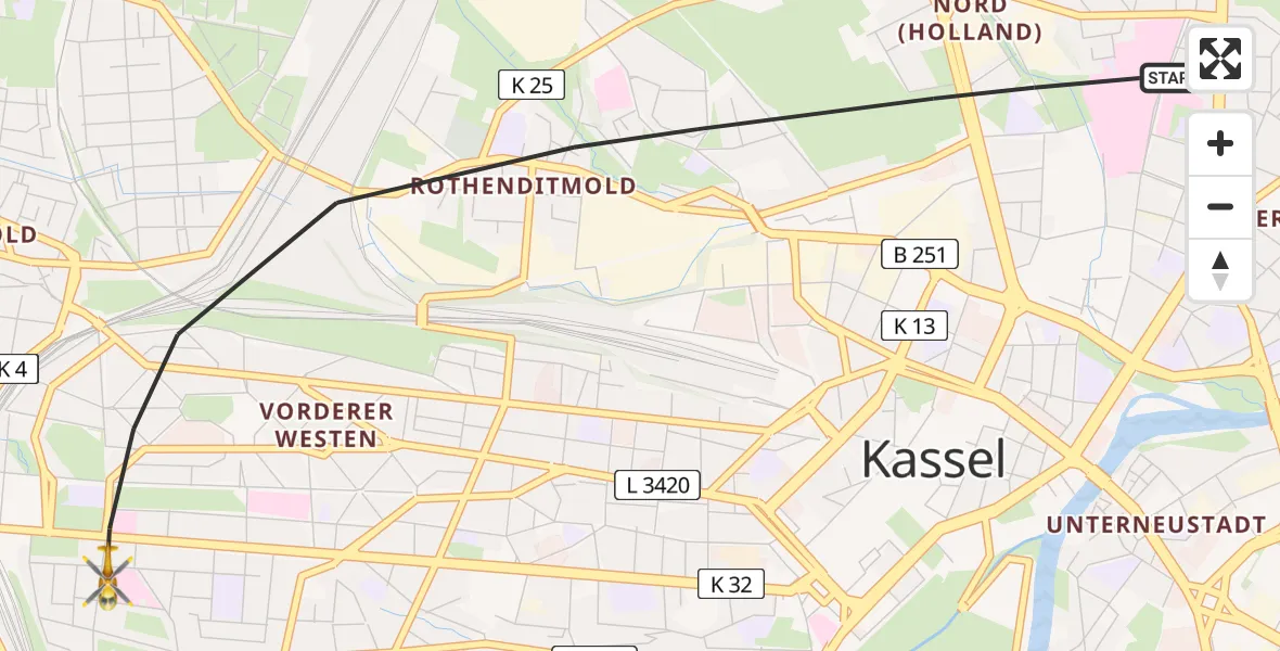 Flugroute Rettungshubschrauber Kassel - Kassel, 06 Juli 2026, 13:30