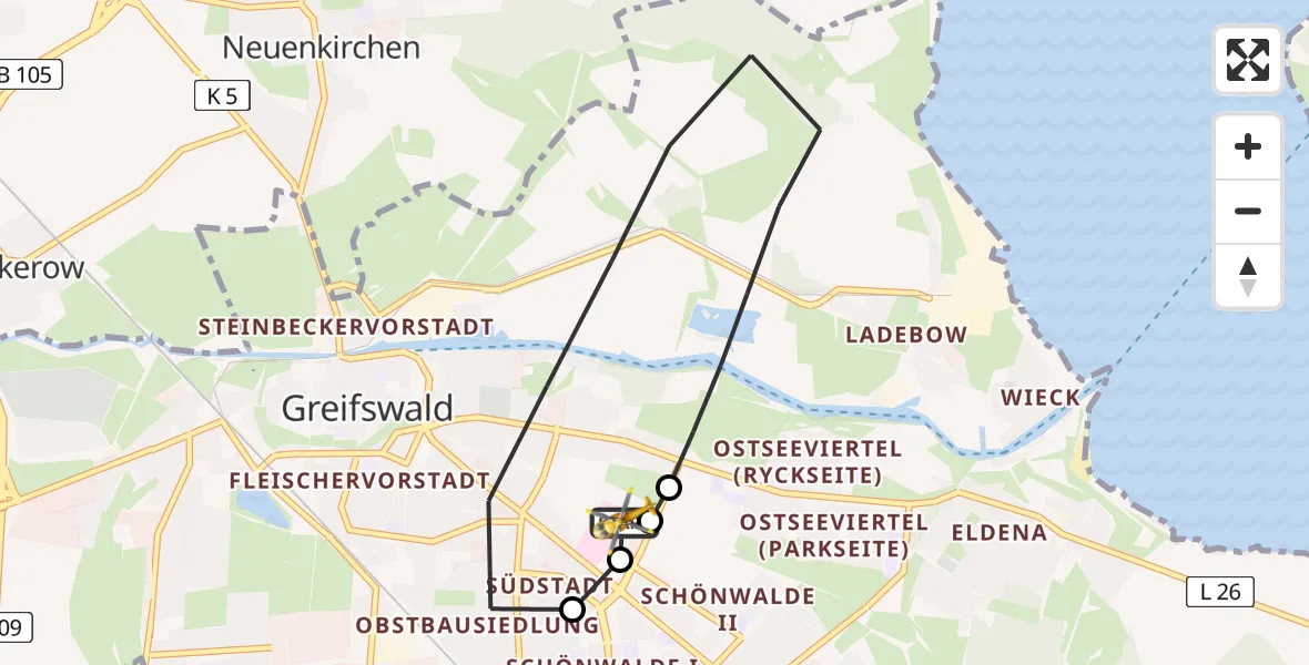 Flugroute Rettungshubschrauber Greifswald Hospital - Greifswald Hospital, 06 Juli 2026, 13:39