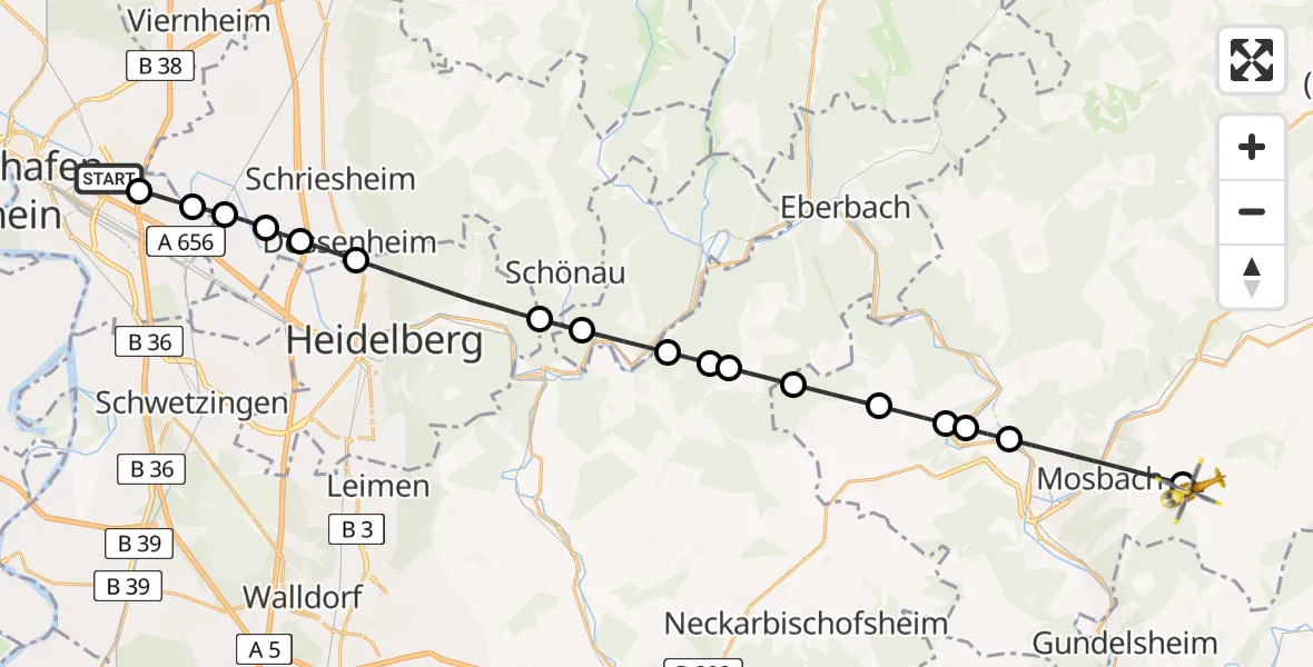 Flugroute Rettungshubschrauber Mannheim-City Flughafen - Billigheim, 06 Juli 2026, 13:51